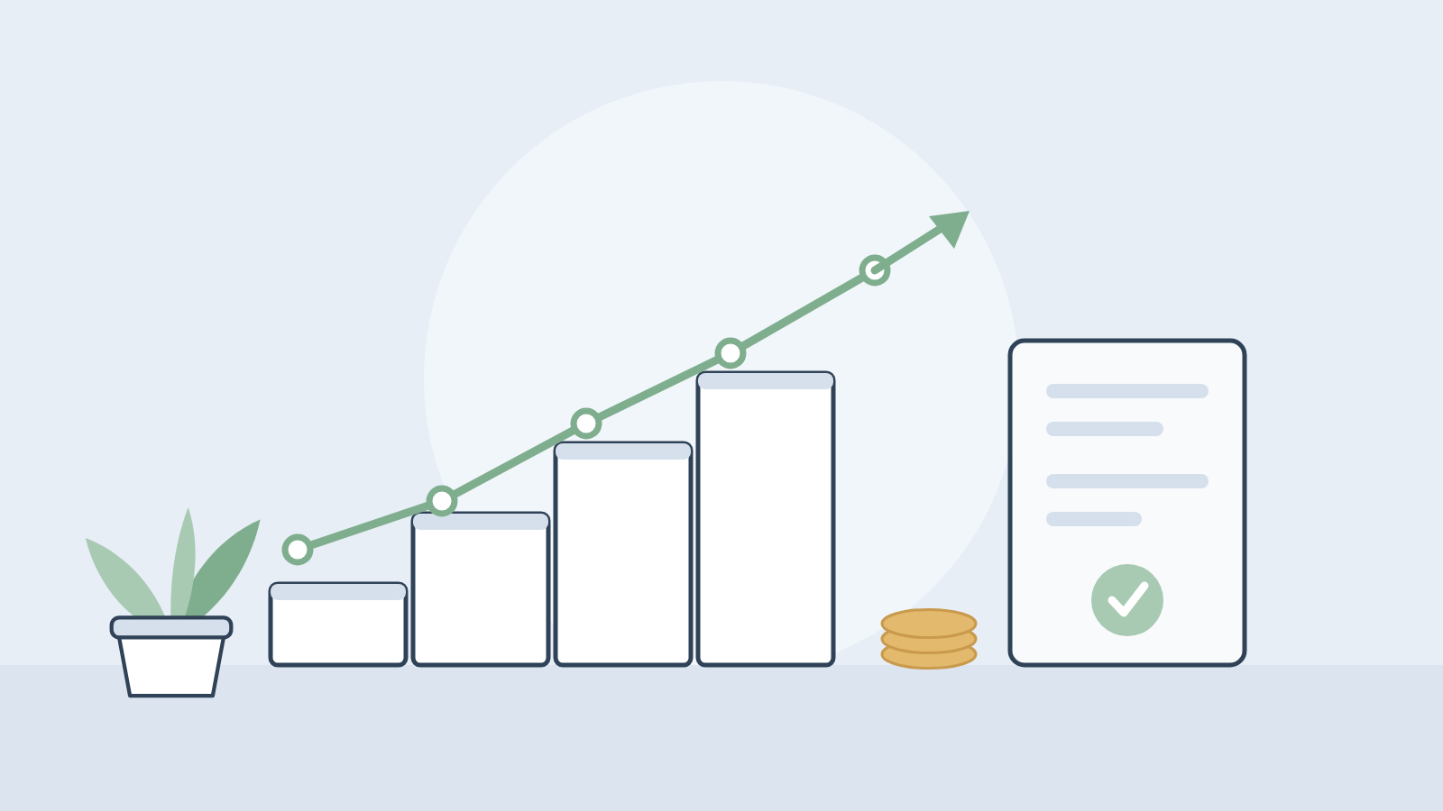 Illustration: gestaffelt ansteigende Balken und eine Indexkurve als Sinnbild für Staffelmiete und Indexmiete
